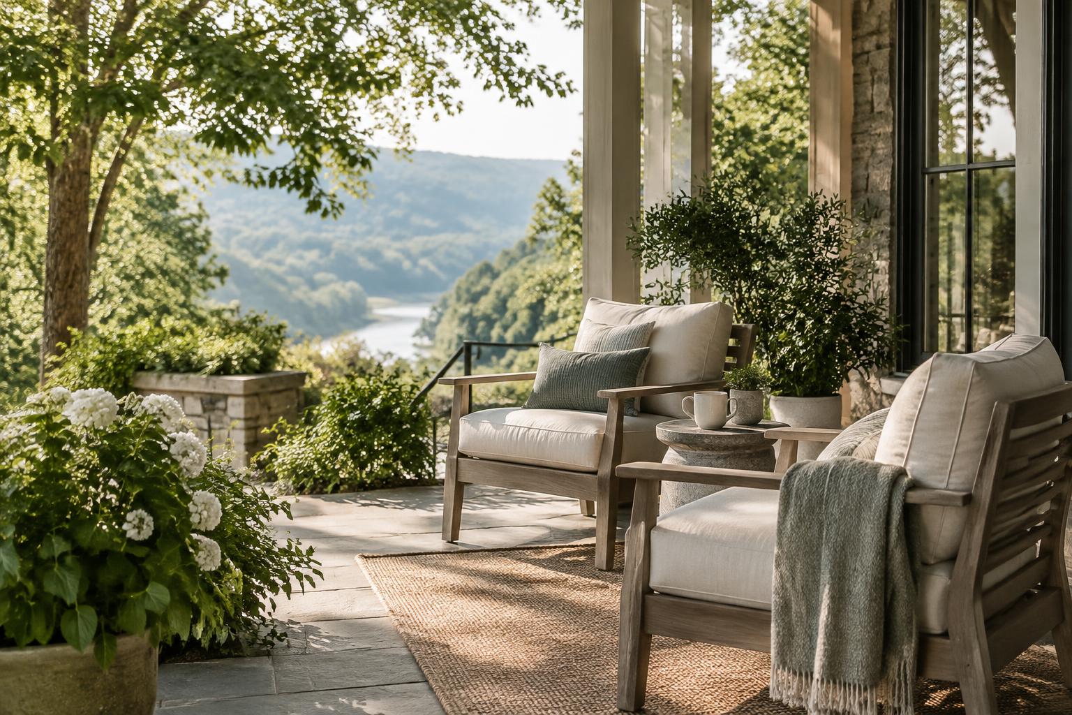 Two inviting chairs on a leafy porch overlooking the Tennessee hills